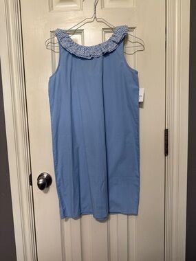 crown & ivy Light Blue Sleeveless A-Line Dress with Striped Ruffle Collar